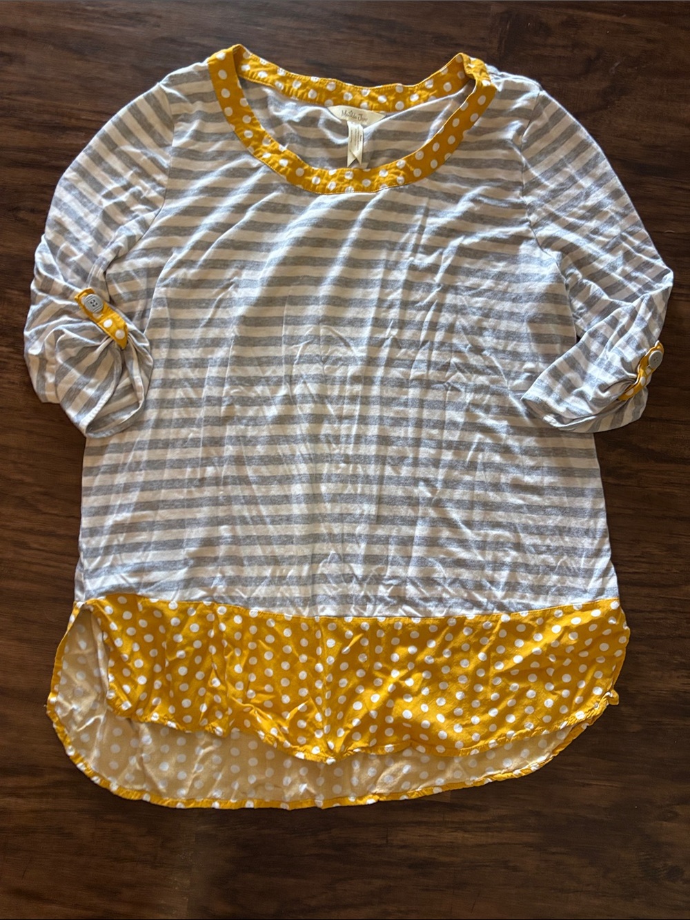 Matilda Jane Gray & White Striped Top with Yellow Polka Dot Trim